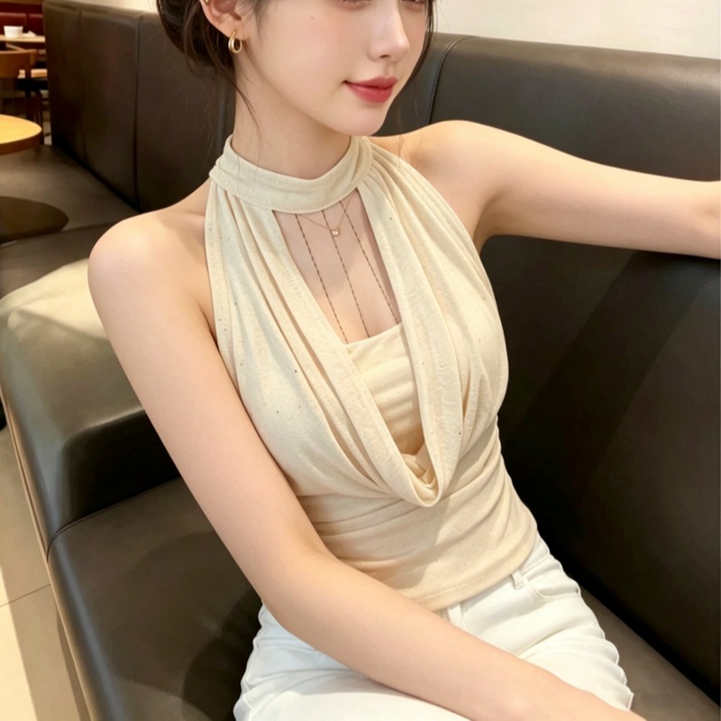 1782563894015_LWIpCk.jpg Sequin Halter Cami Top with Chain and Cowl Neck for Women Summer Slim Fit with Chest Pads