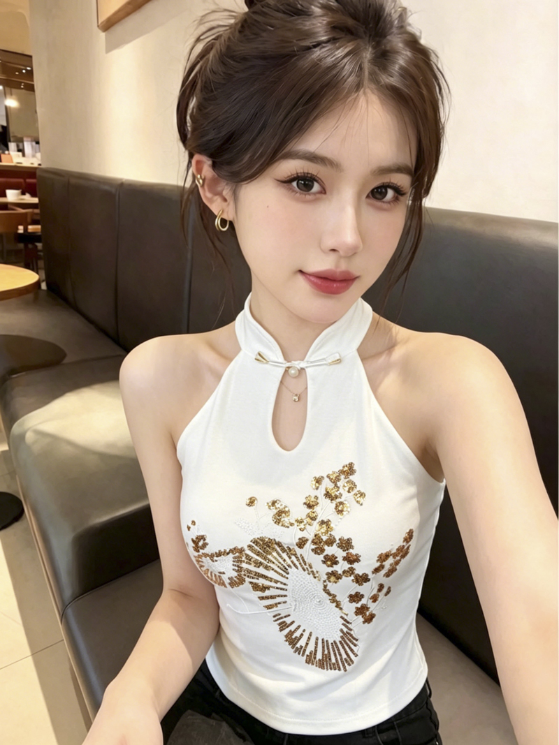 New Chinese Style Embroidered Halter Neck Camisole with Pads